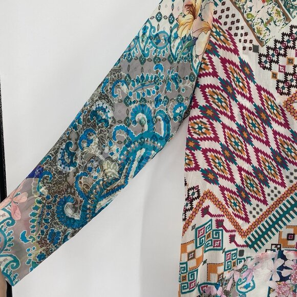 Johnny Was Large Multicolor Floral Boho Tunic Mixed Print Kimono Rayon V-Neck - Picture 8 of 11